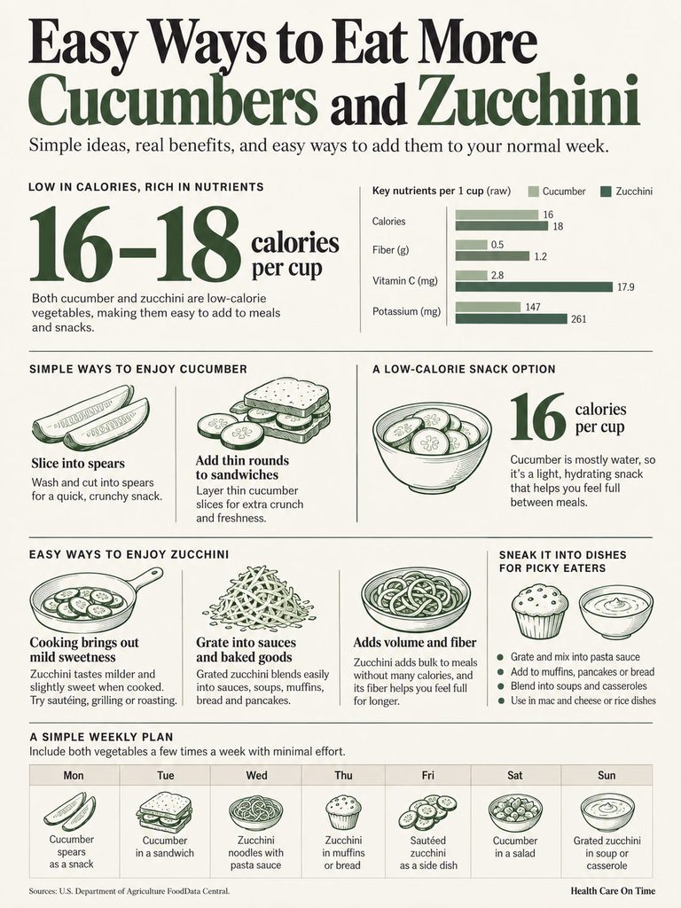 Infographic showing ways to eat cucumbers and zucchini, including calorie counts and nutrient benefits.
