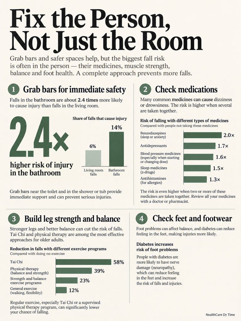 Infographic showing fall prevention tips, including medication risks, exercise benefits, and safety measures in bathrooms.
