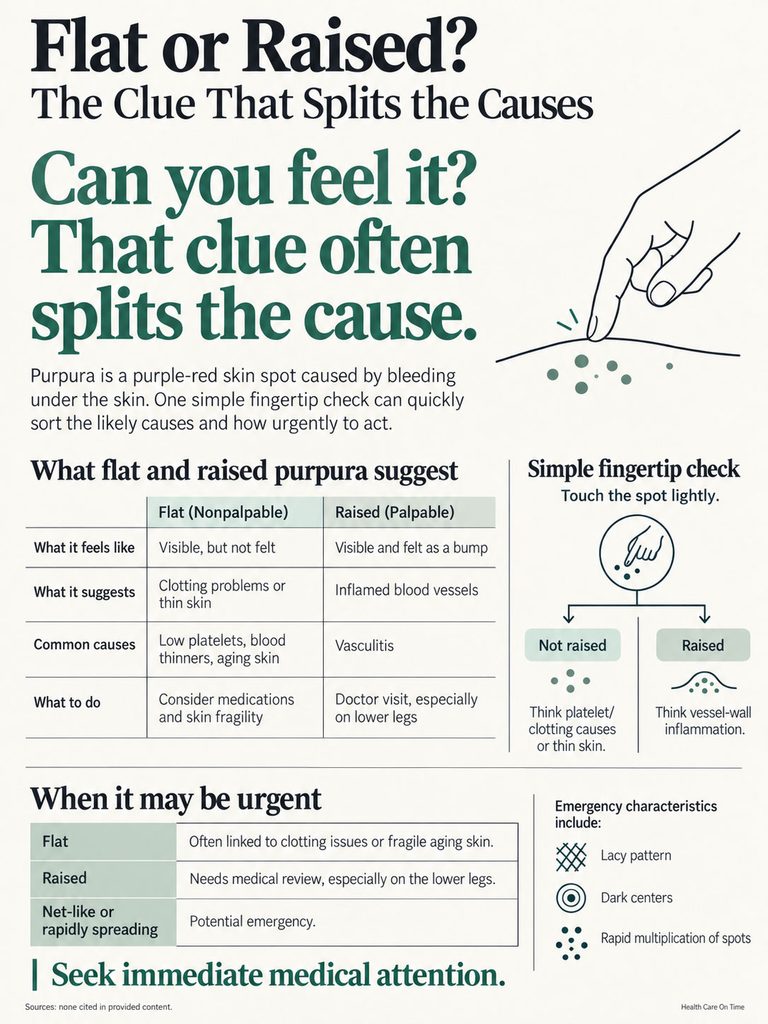 Infographic explaining flat vs raised purpura, including symptoms, causes, and urgent care guidelines.