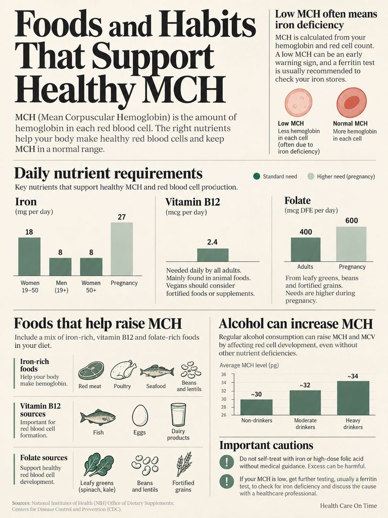 Infographic showing foods and habits that support healthy MCH, including nutrient requirements and sources.