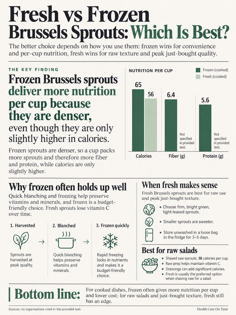 Infographic comparing nutrition of fresh vs frozen Brussels sprouts, showing calories, fiber, and protein content.