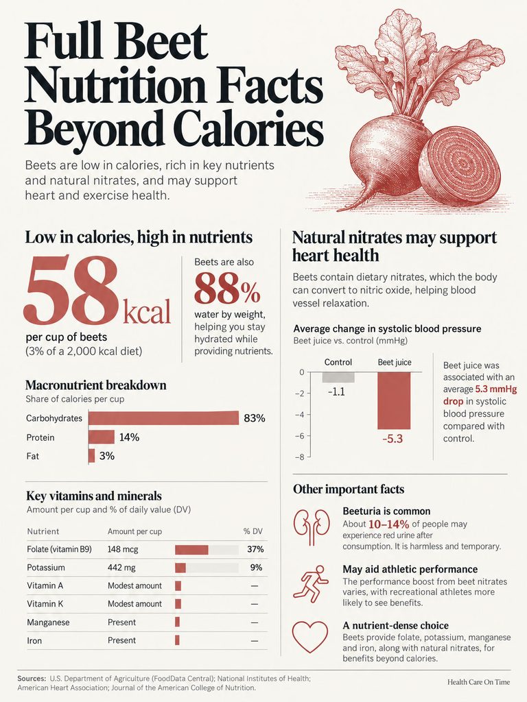 Infographic showing beet nutrition facts, including calories, macronutrient breakdown, and health benefits with charts.