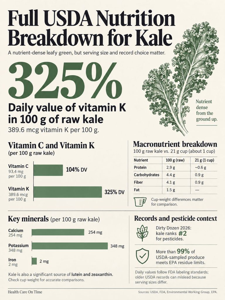 Infographic showing USDA nutrition breakdown for kale, including vitamin K, C, and key minerals with charts and data.