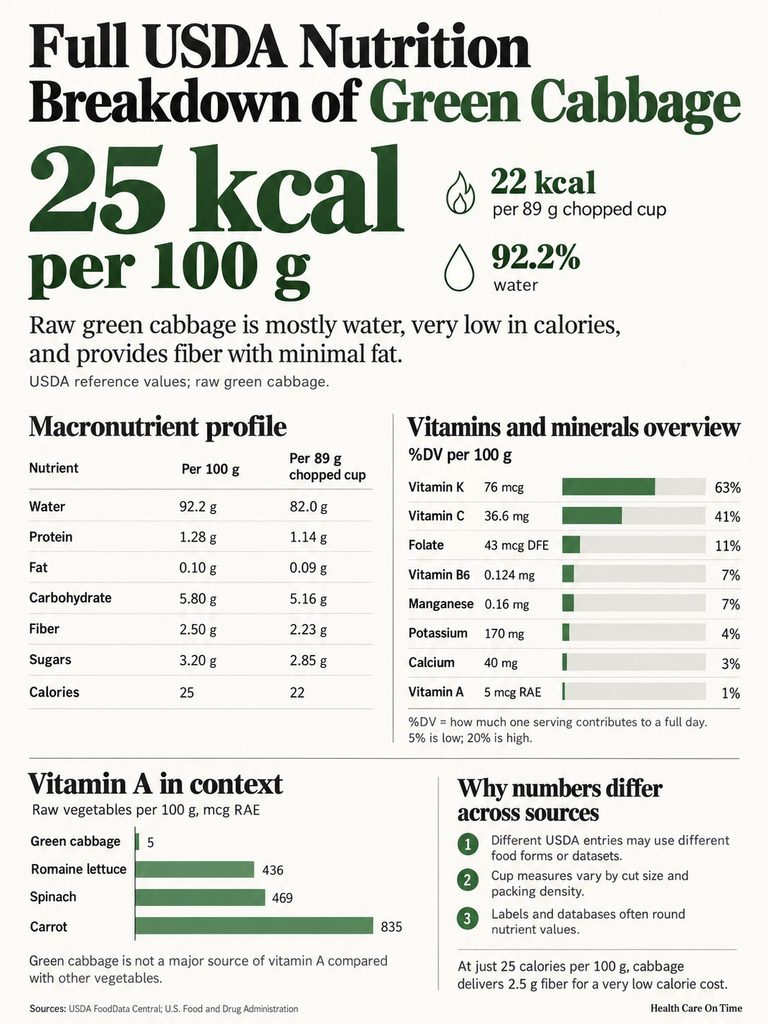 Infographic showing USDA nutrition breakdown of green cabbage, including calories, macronutrients, and vitamins.