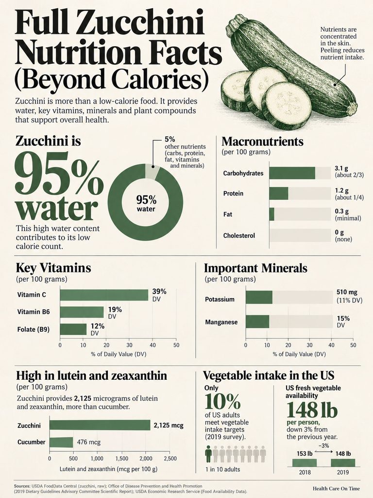 Infographic showing zucchini nutrition facts, including water content, macronutrients, vitamins, minerals, and vegetable intake statistics.