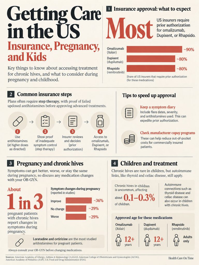 Infographic on insurance approval, pregnancy, and chronic hives treatment in the US with statistics and steps for care.