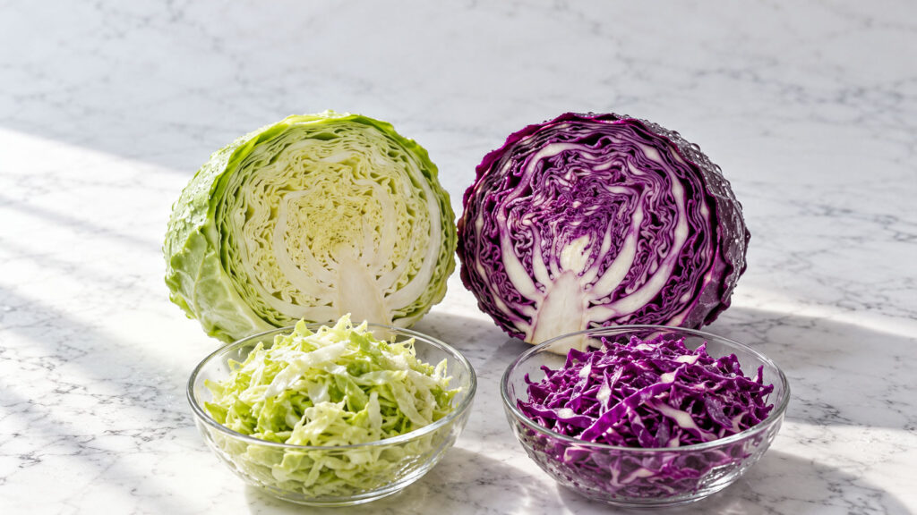 Fresh green and purple cabbage halves with shredded cabbage in bowls on a marble surface.