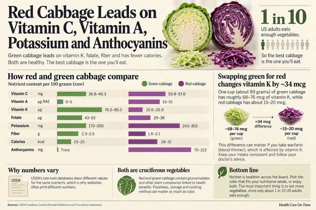 Infographic comparing nutrient content of red and green cabbage, highlighting vitamins and health benefits.