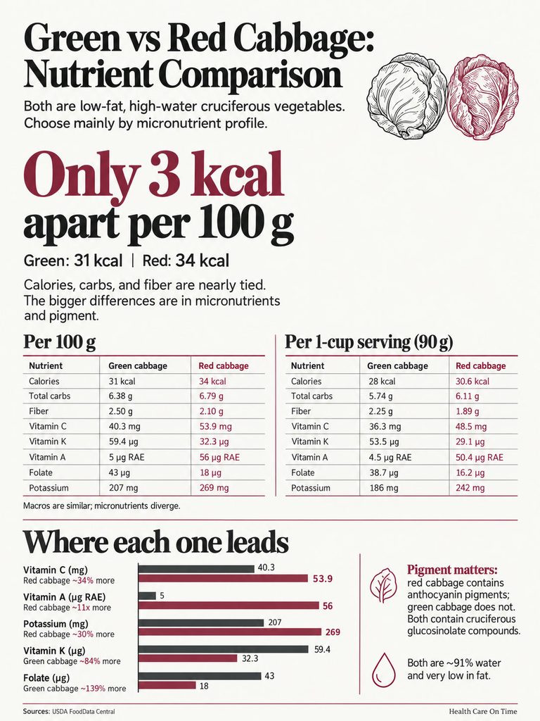 Comparison of green and red cabbage nutrients, showing calories, vitamins, and minerals in a detailed chart. Infographic.