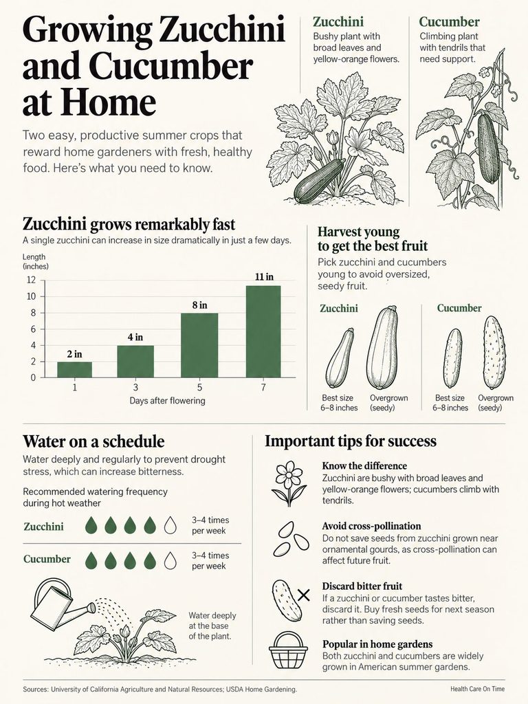 Infographic showing how to grow zucchini and cucumber at home, including growth rates, watering tips, and best practices.