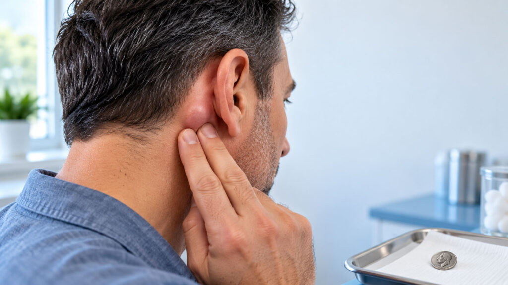 Man touches his ear in a medical setting with tools nearby.