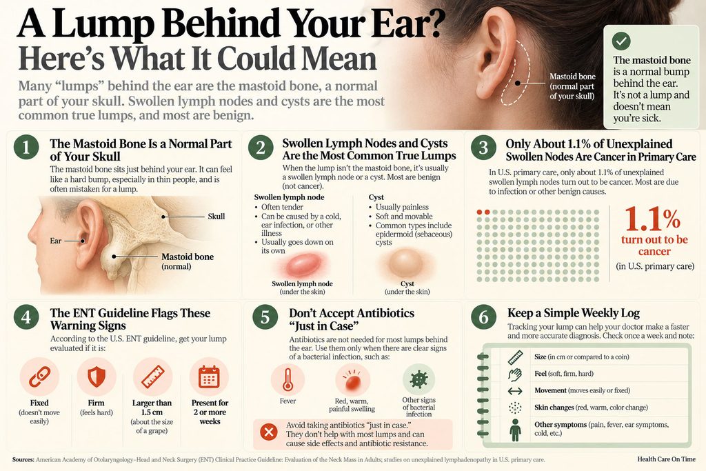 Infographic explaining lumps behind the ear, featuring the mastoid bone, lymph nodes, and cysts with warning signs and statistics.