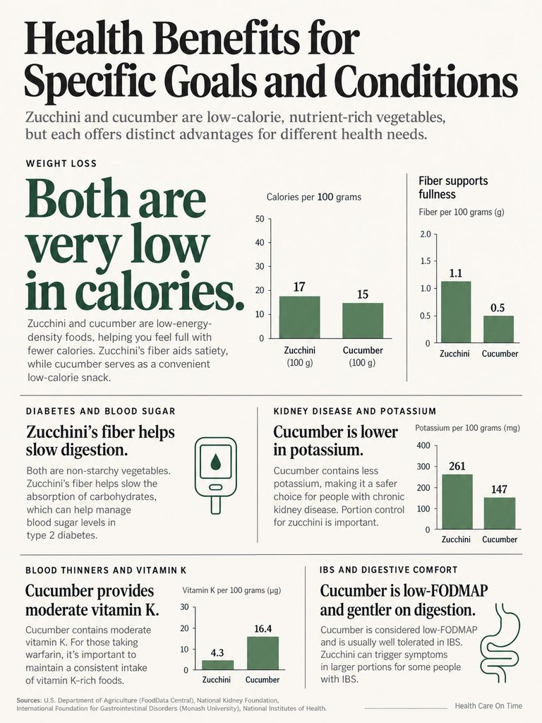 Infographic comparing health benefits of zucchini and cucumber, including calories, fiber, and vitamin K content.