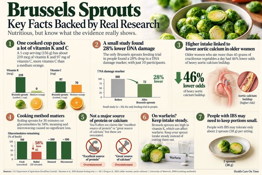 Infographic showing health benefits of Brussels sprouts, including vitamins, DNA damage reduction, and cooking methods.