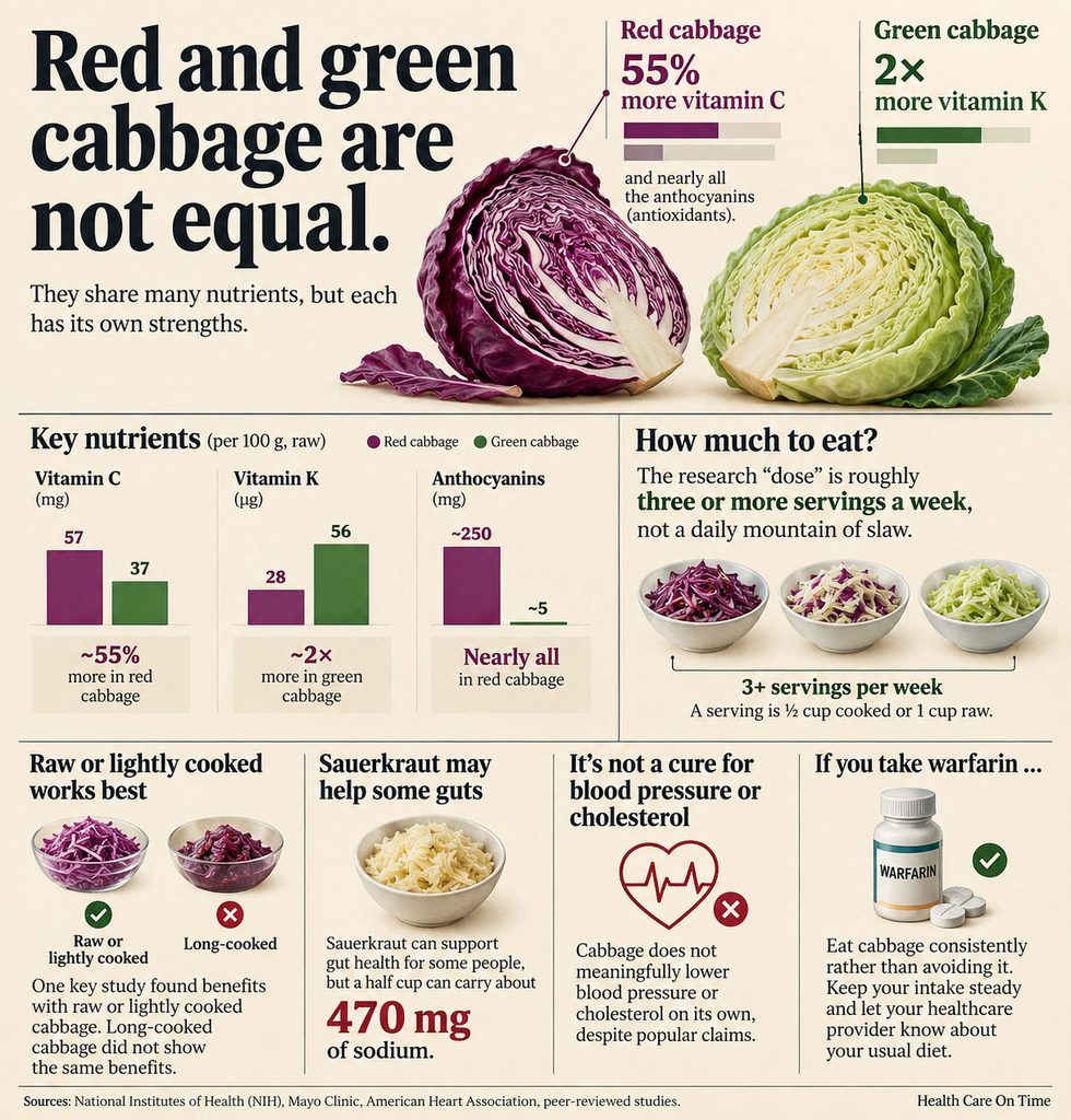 Infographic comparing red and green cabbage nutrients, highlighting vitamin C, K, and anthocyanins content.