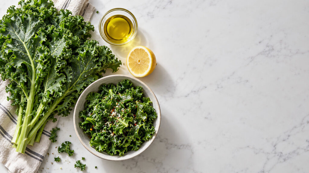 Fresh kale leaves and a bowl of kale salad with lemon and olive oil on a marble surface.