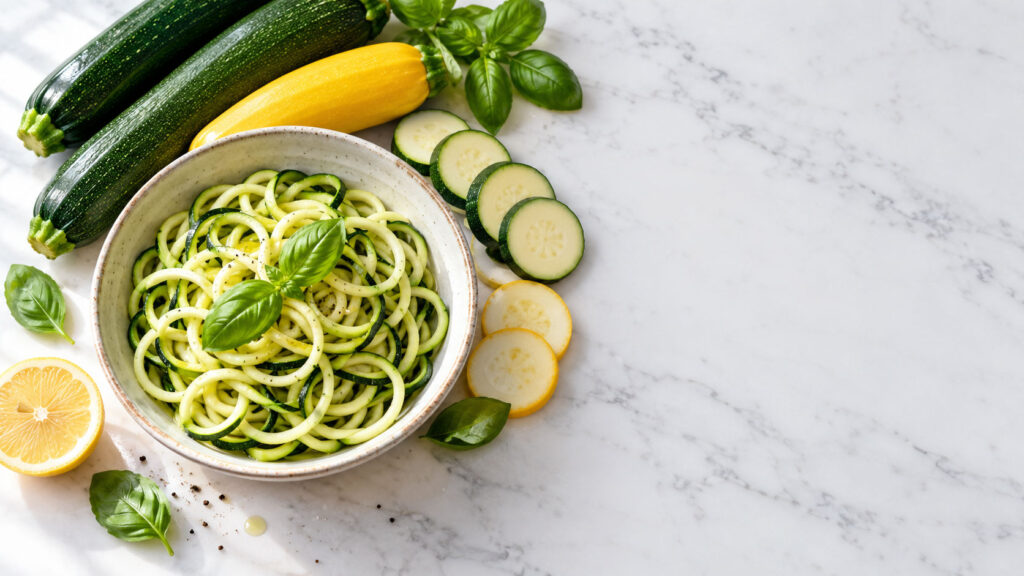 A bowl of spiralized zucchini noodles garnished with basil, surrounded by fresh vegetables and lemon slices.