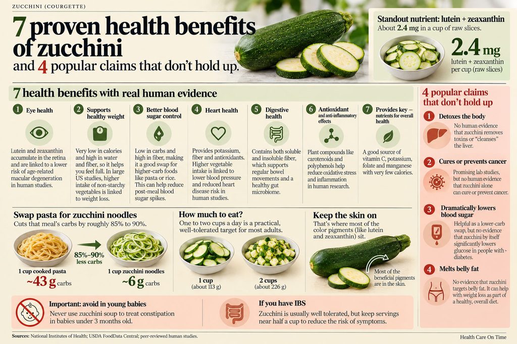 Infographic showing 7 health benefits of zucchini with icons, text, and statistics about nutrition and claims.