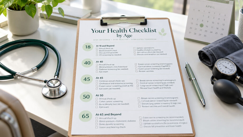 A health checklist on a clipboard with a stethoscope and medical tools on a desk near a plant and calendar.