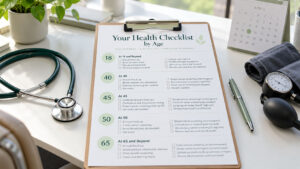 A health checklist on a clipboard with a stethoscope and medical tools on a desk near a plant and calendar.