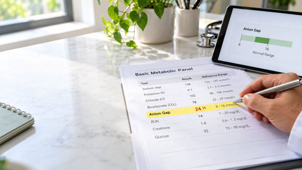 A person reviews a Basic Metabolic Panel report with highlighted Anion Gap value of 24 H on a marble table.