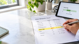 A person reviews a Basic Metabolic Panel report with highlighted Anion Gap value of 24 H on a marble table.