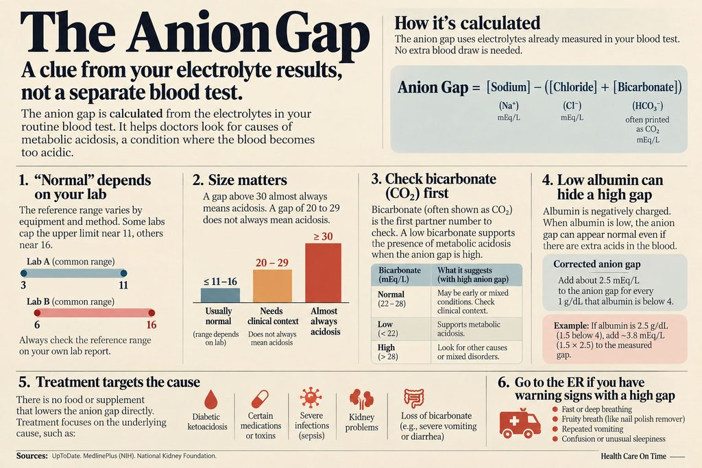 Infographic explaining the anion gap, its calculation, and implications for metabolic acidosis with charts and icons.