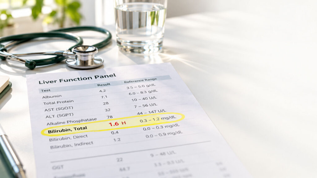 A liver function panel test result sheet with highlighted bilirubin level and a stethoscope on a table.