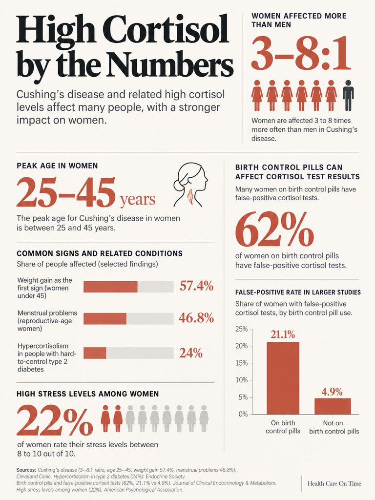 Infographic showing high cortisol levels, statistics on women affected, and common signs of Cushing's disease.
