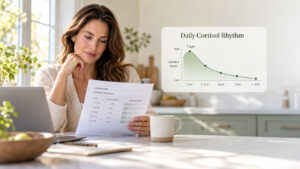 A woman reviews a lab report on cortisol levels while sitting at a table with a laptop and a coffee mug.