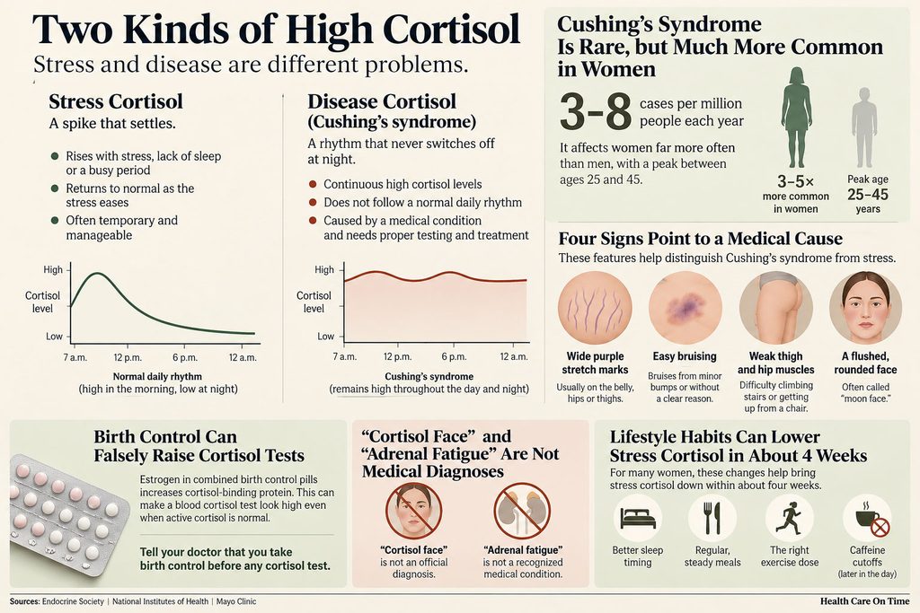 Infographic comparing stress cortisol and disease cortisol, with graphs, symptoms, and lifestyle tips for management.