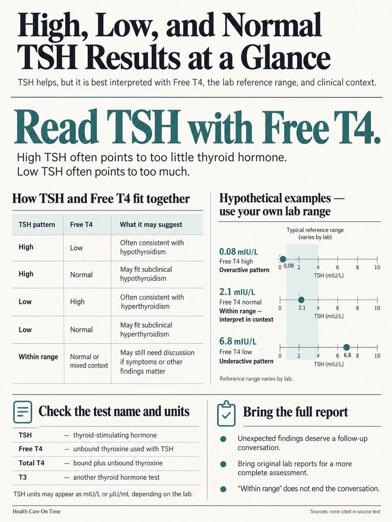 Infographic detailing TSH results, Free T4 levels, and their implications for thyroid health.