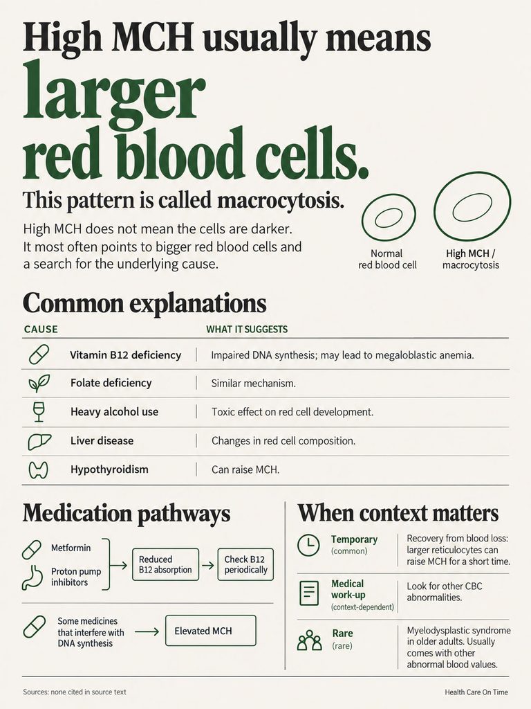 Infographic explaining high MCH and macrocytosis with causes, medication pathways, and context matters.
