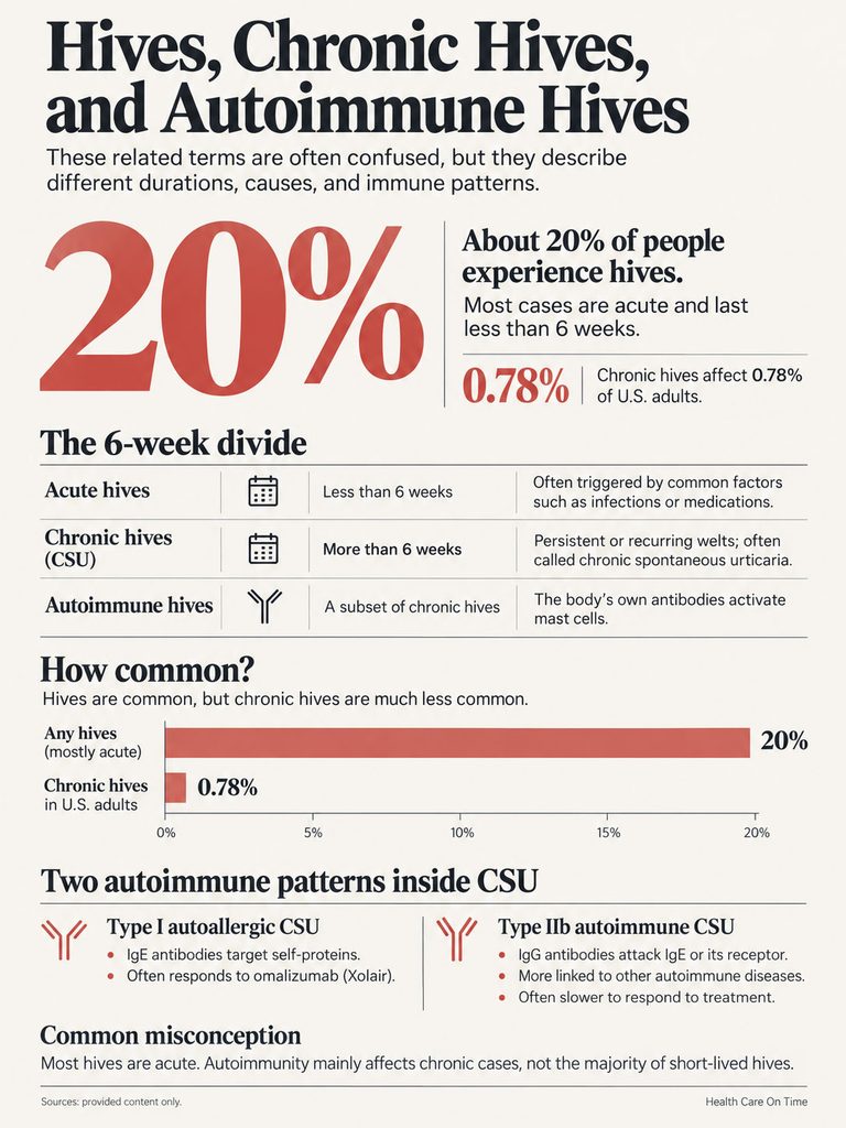 Infographic explaining hives, chronic hives, and autoimmune hives with statistics and definitions.