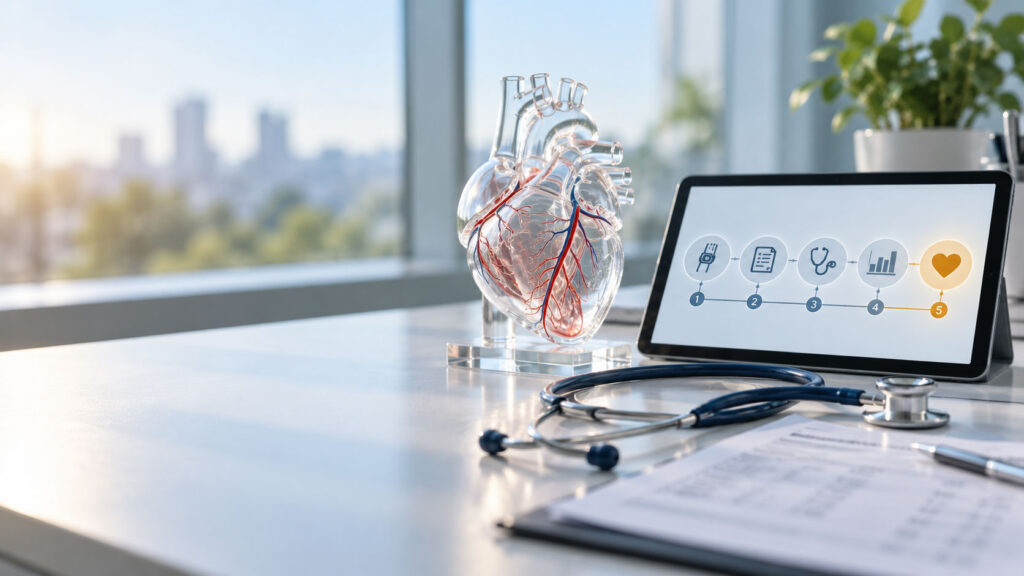 A clear anatomical heart model sits next to a tablet displaying health metrics and a stethoscope on a desk.