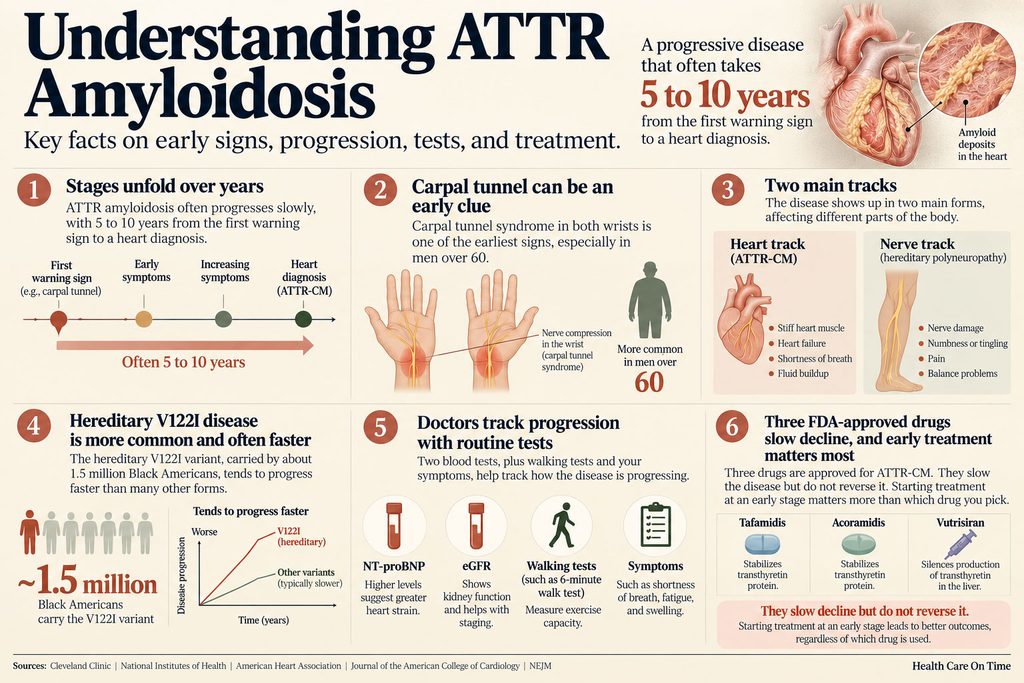Infographic explaining ATTR amyloidosis stages, symptoms, and treatments with charts and illustrations of the heart and hands.