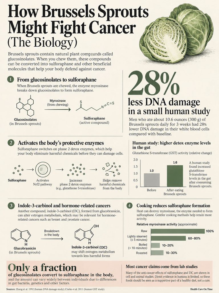 Infographic explaining how Brussels sprouts fight cancer, featuring charts and chemical structures related to sulforaphane.