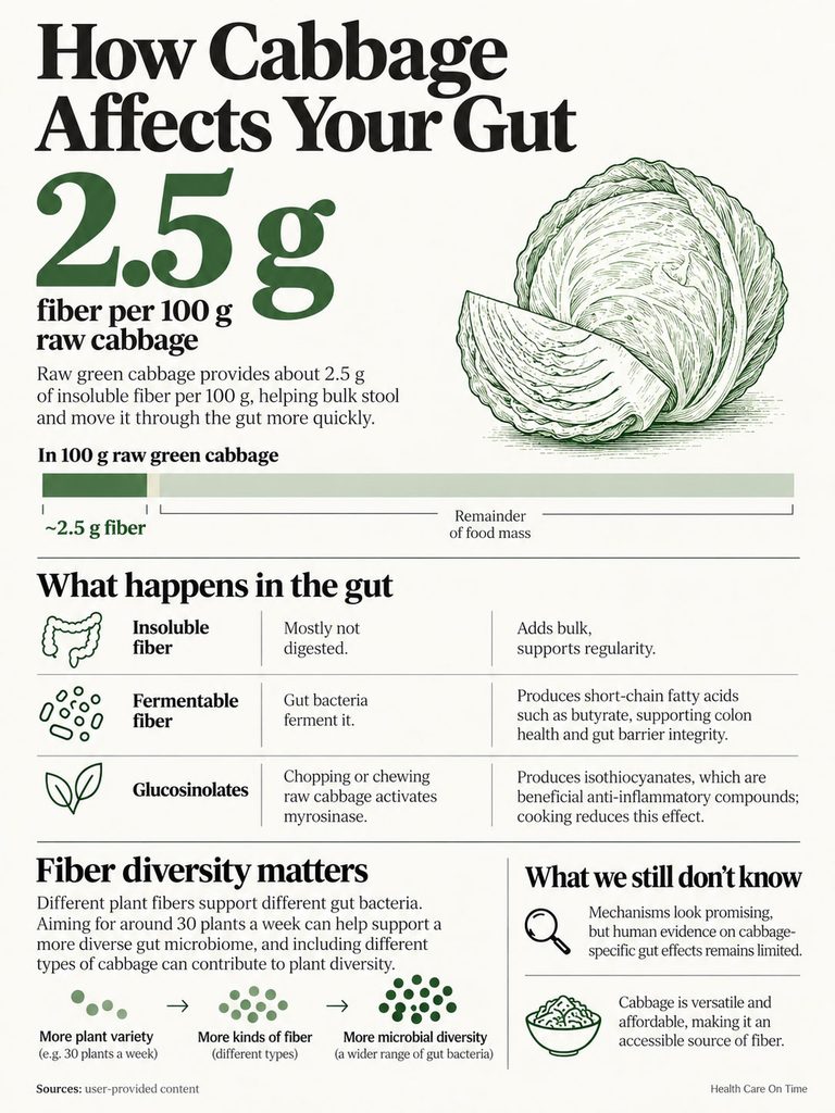 Infographic explaining how cabbage affects gut health, detailing fiber content and gut processes.