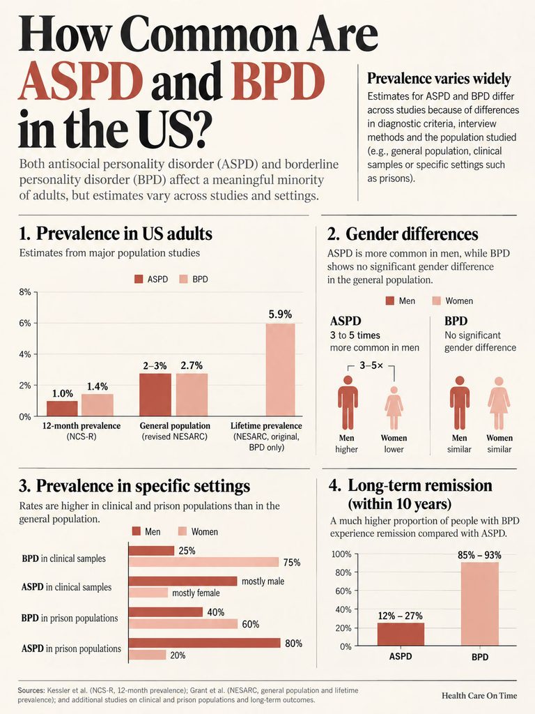 Infographic showing prevalence of ASPD and BPD in the US, including statistics and gender differences.