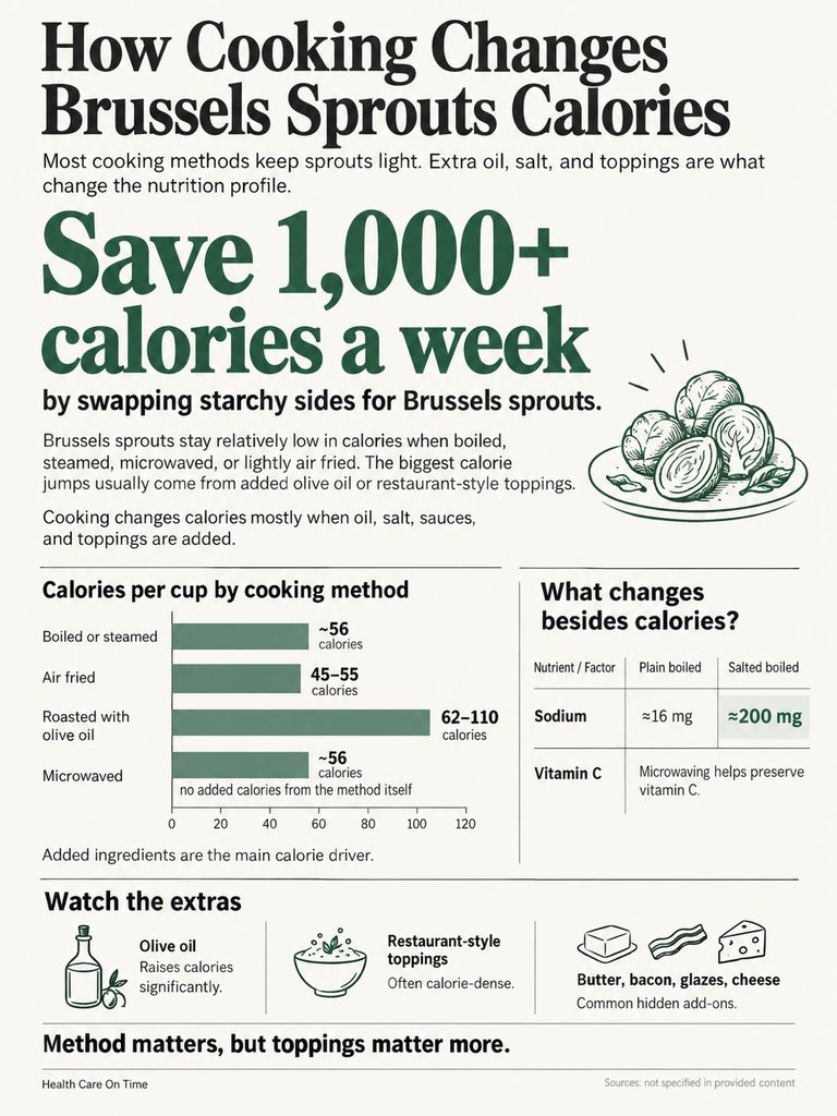 Infographic showing how cooking methods affect Brussels sprouts calories and nutrition, including charts and tips.