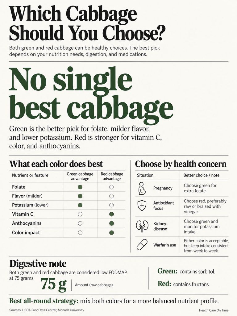 Infographic comparing green and red cabbage benefits, highlighting nutrients and health concerns for each type.