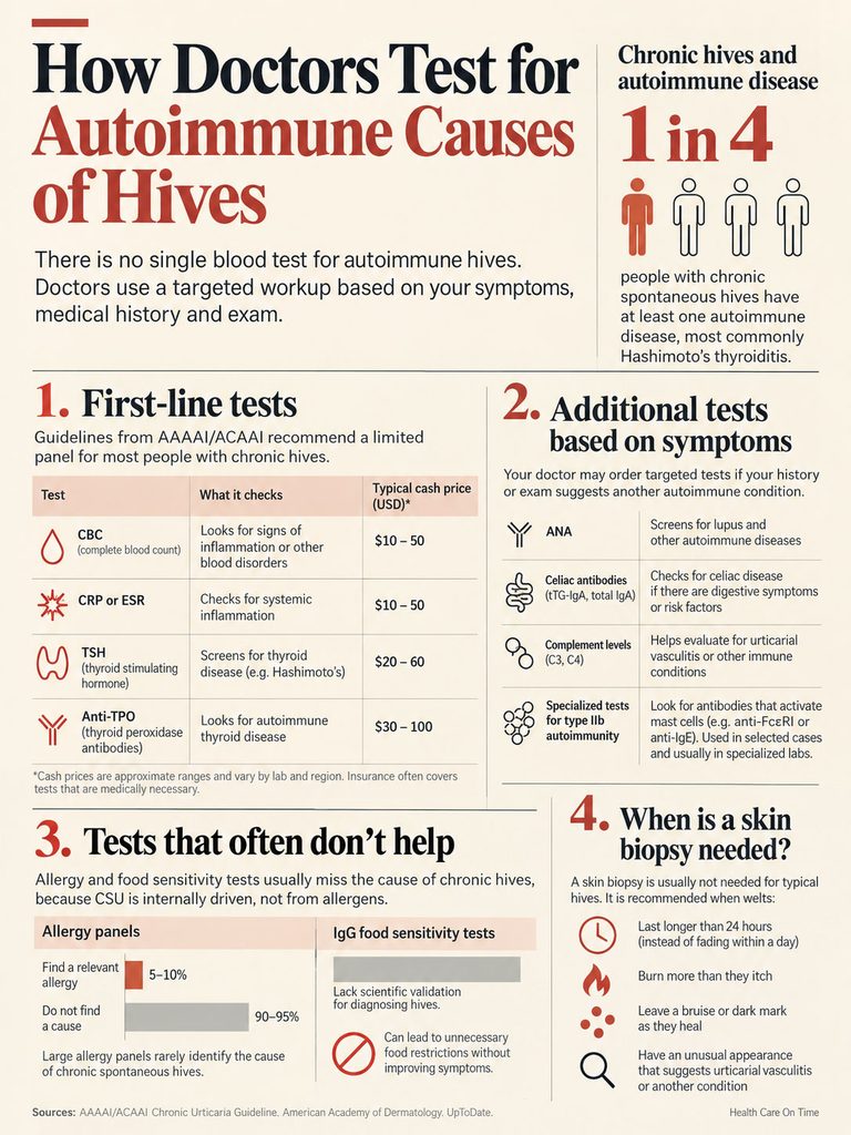 Infographic detailing tests for autoimmune causes of hives, including first-line tests, additional tests, and when a biopsy is needed.