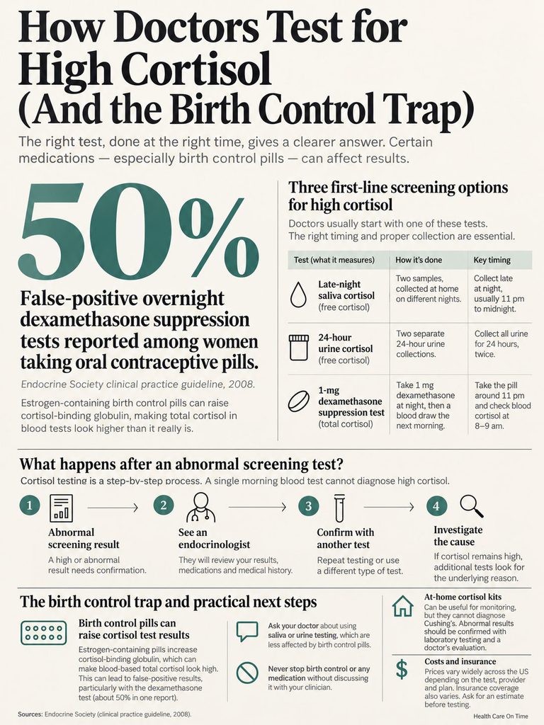 Infographic showing how doctors test for high cortisol, including statistics and testing methods.