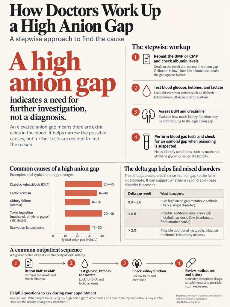 Infographic detailing steps to investigate a high anion gap, including tests and common causes with charts.