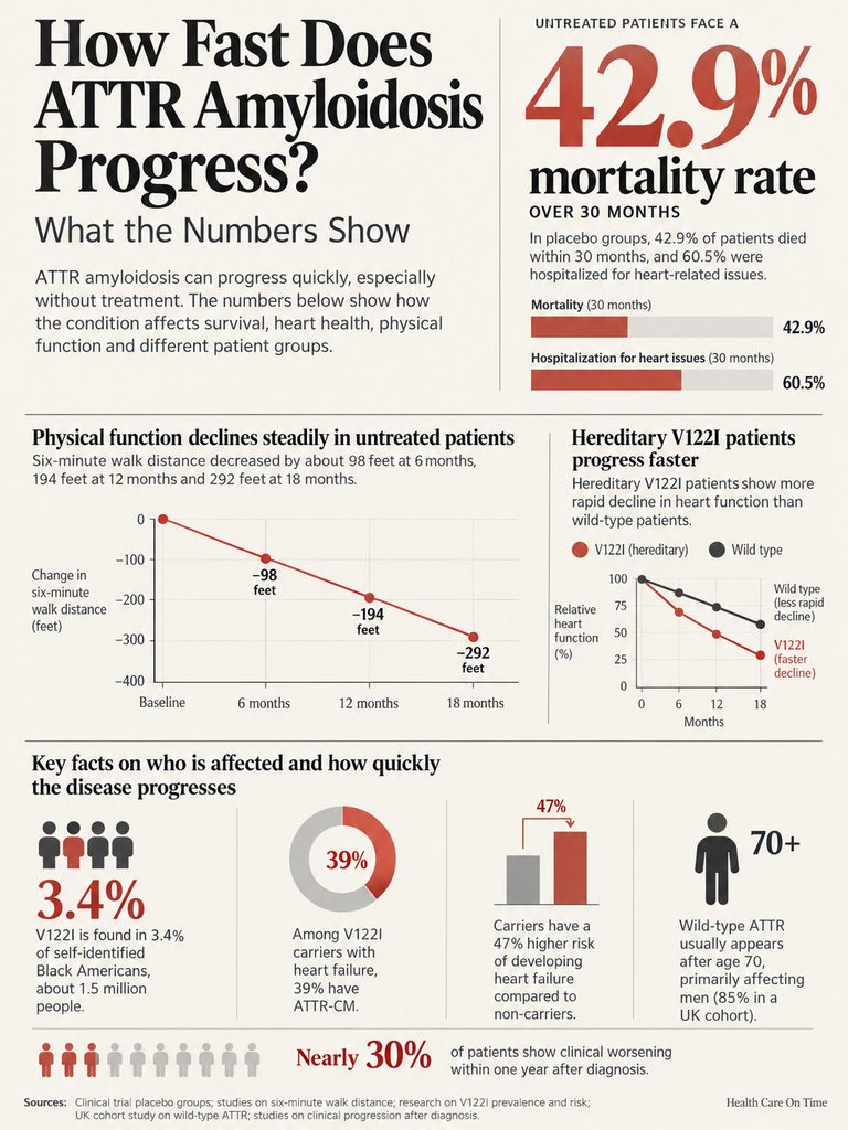 Infographic showing ATTR amyloidosis progression, mortality rates, and patient statistics with graphs and icons.
