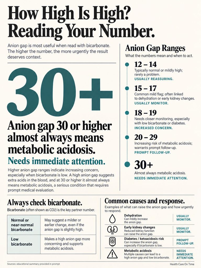 Infographic explaining anion gap ranges and metabolic acidosis, highlighting key numbers and responses.