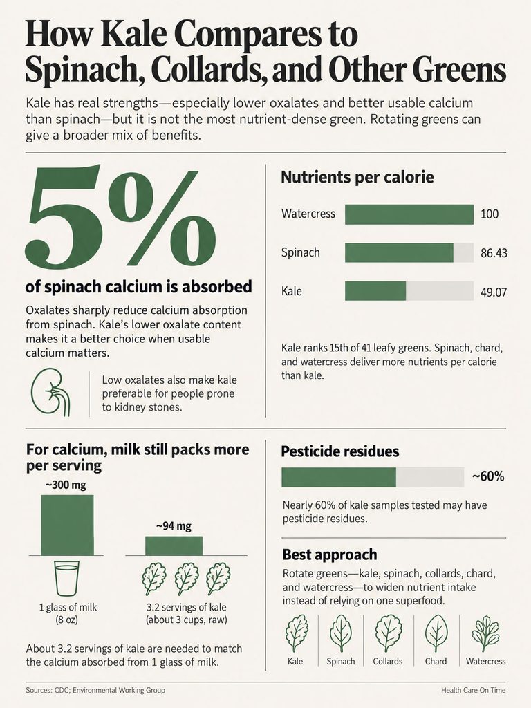 Infographic comparing nutrient absorption of kale, spinach, and collards with statistics and visuals on calcium and pesticides.