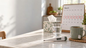 A thermometer displays 101.4°F next to a glass of water and a cup of tea on a marble table with a calendar.