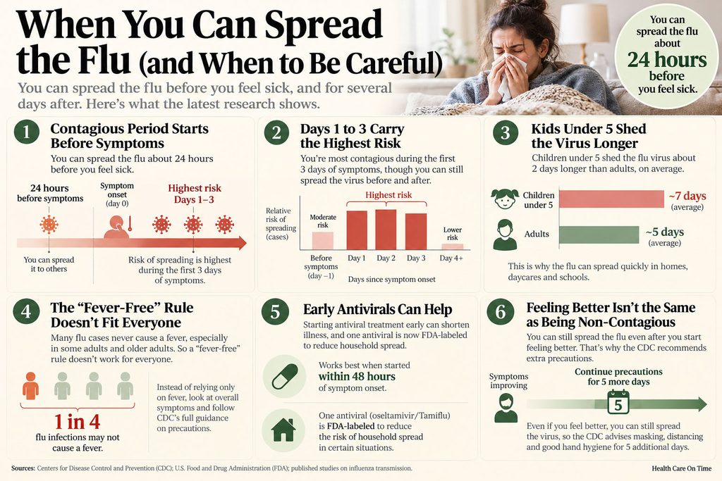 Infographic showing flu contagiousness timeline, risk levels, and guidelines for prevention and treatment.