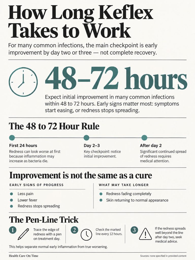 Infographic showing how long Keflex takes to work, detailing timelines and signs of improvement in infections.